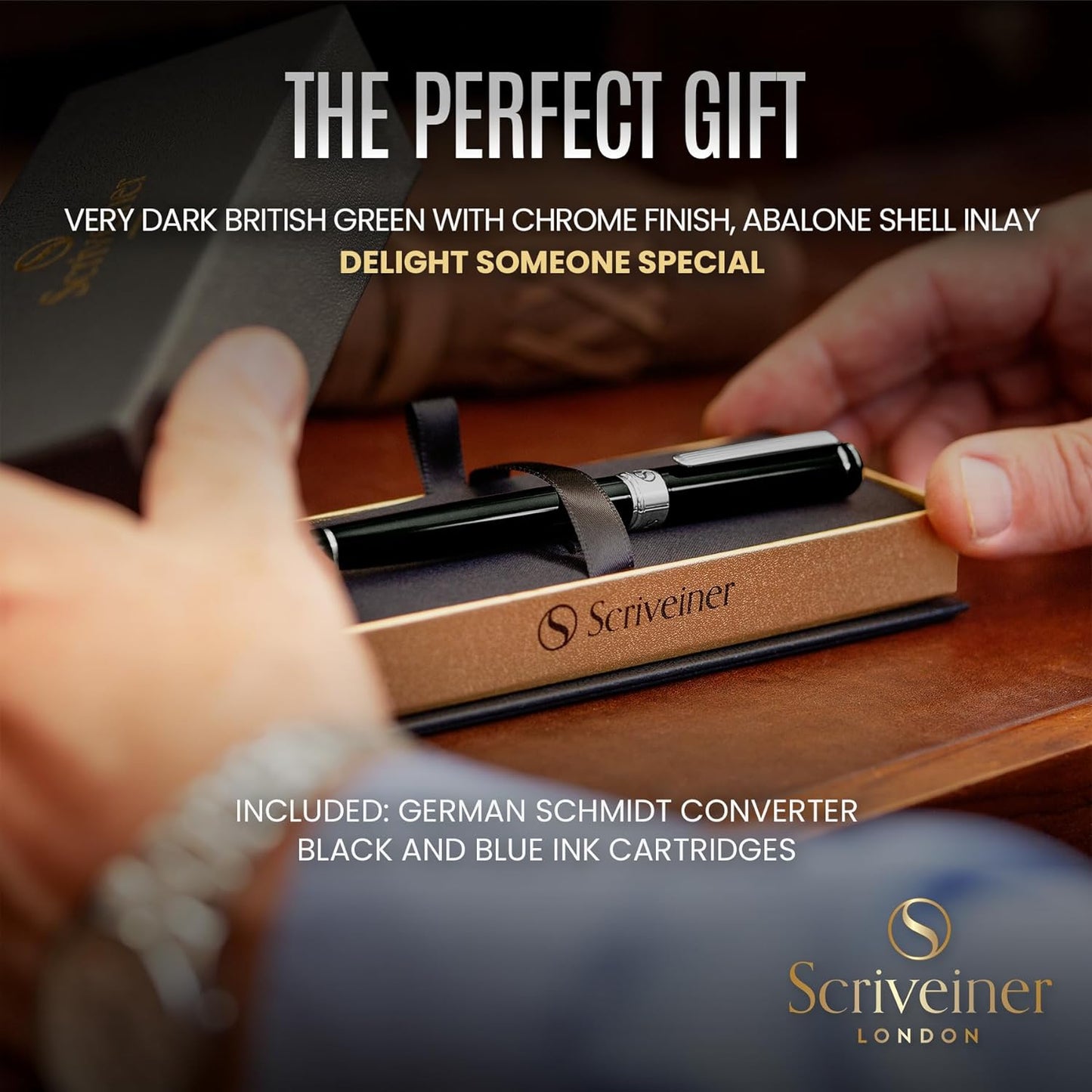 Scriveiner Black Green Fountain Pen - Stunning Luxury Pen with Chrome Finish, Schmidt Nib (Medium), Best Pen Gift Set for Men & Women, Professional, Executive, Office, Nice Pens