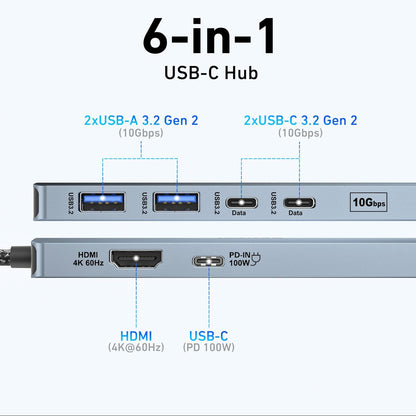 BENFEI USB C HUB 6-in-1 with HDMI(4K@60Hz), 100W Power Delivery, 10Gbps 2*USB-A and 2*USB-C, Silicone Cable, Aluminum Case Compatible with iPhone 15 Pro/Max, MacBook, iPad Pro, iMac, S23, XPS17