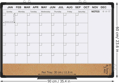 EAONE 36x24 in Double Side Whiteboard Calendar & Cork Board Combo for Wall, 3 in 1 Magnetic Dry Erase Whiteboard Monthly Calendar and Bulletin Board with Aluminum Frame for Home Office Kitchen
