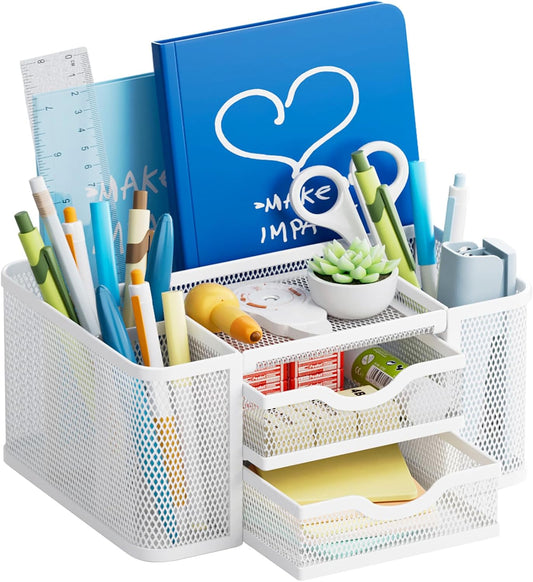 Marbrasse Mesh Desk Organizer, Pen Organizer with 2 Drawer, Multi-Functional Pencil Holder, Desk Organizers and Accessories with 5 Compartments + Drawer for Office Art Supplies (White)