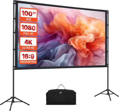 VEVOR Projector Screen with Stand, 100 Inch 160° Wide Angle Indoor Outdoor Projection Screen, 16:9 4K HD Wrinkleless Portable Dual-Tripod Screens with Carry Bag, for Movie Home Theater Presentation