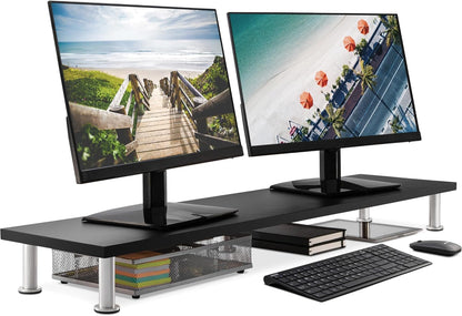 The Original Bamboo Dual Monitor Stand (As Seen On PBS) - 42 Inch Large Monitor Riser for Computer Screens, Laptop or TV - Desk Shelf Adds Storage Space and Improves Ergonomics - Black