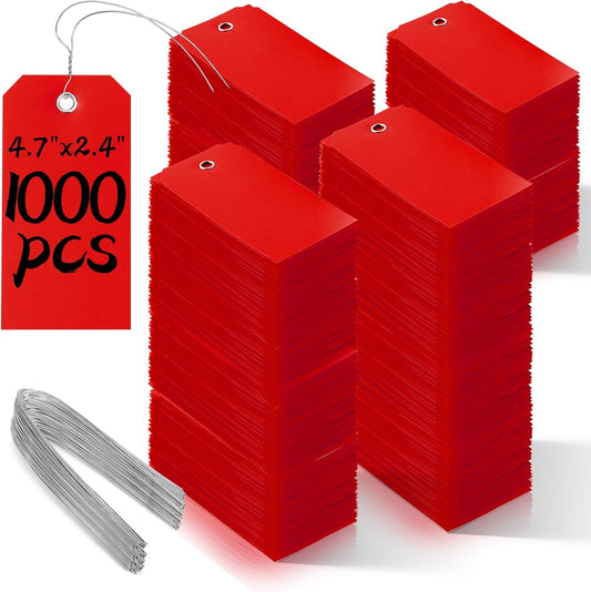 1000 Pieces Plastic Shipping Tags with Wire Labeling Tags Waterproof Hang Tags with Reinforcement Hole Writable Luggage tag Loops for Equipment Inventory Parts Garage (Red, 4 3/4" x 2 3/8")