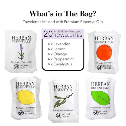 Herban Essentials - Assorted Wipes & Towelettes - Essential Oil Wipes for Hands, Face and Body - Travel Size Essentials and Toiletries - Natural, Individually Wrapped, Disposable and Moist (20 count)