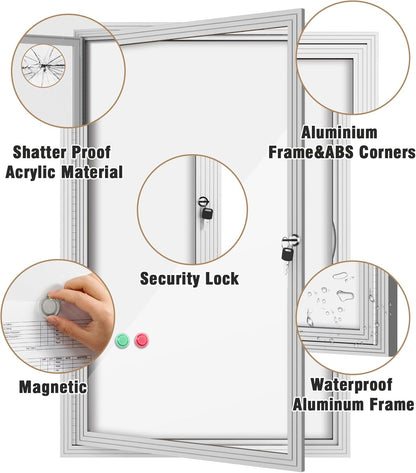 36"x24" Enclosed Bulletin Board, Outdoor Lockable Weather-Resistant Aluminum Noticeboard for School & Office, Silver Frame w/Magnetic Board