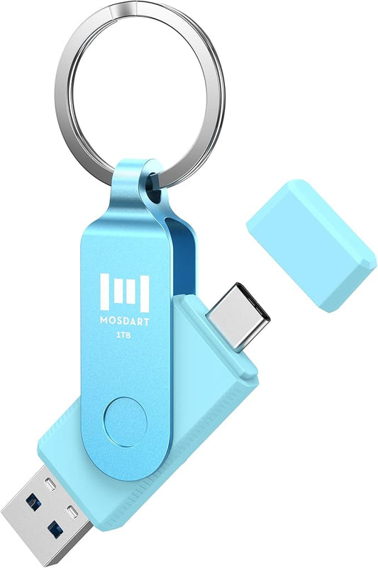 MOSDART 1TB USB3.1 Fast Speed C and A Dual Flash Drive, exFAT Memory Stick with Keychain and LED Indicator, for iPhone 15,16,17, Android Phone, iPad, MacBook, and Other Laptops, Sky Blue
