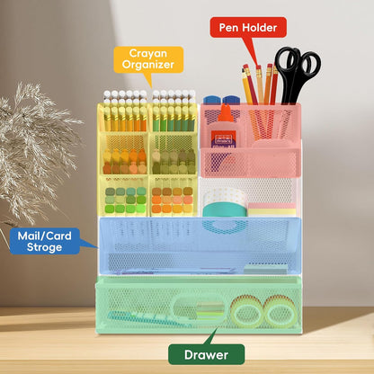 Mesh Pen Organizer for Desk, Multi-Functional Pencil Holder with Drawer Desk Organizers, Large Capacity Storage for School Office Home Supplies (White)