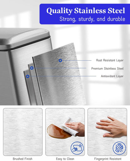 Rubbish Bin with Lid, 10 L, Stainless Steel Waste Bin, Bathroom, Pedal Bin, Stainless Steel for Bathroom, Bedroom and Office