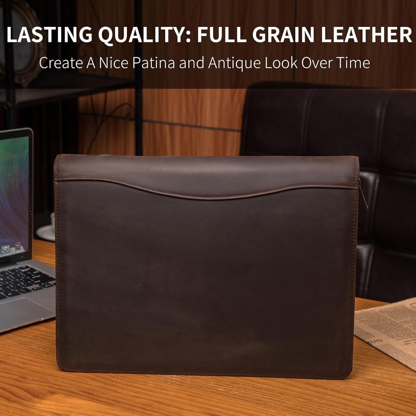 Personalized Genuine Leather Portfolio, Legal Size 8.5 x 14 Pad Holder, Custom Engraved Business Padfolio for Men Women, Zippered Laptop Organizer, Professional Notepad Folio, Dark Brown
