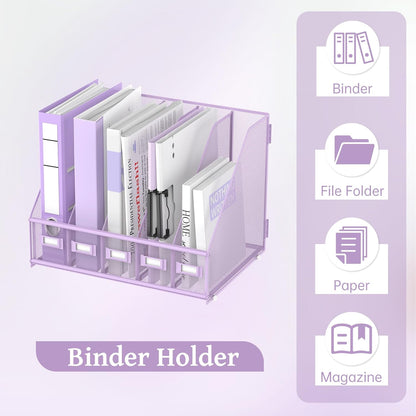 SUPEASY Desk Organizers Metal Desk Magazine File Holder with 5 Vertical Compartments Rack File Organizer for Office Desktop, Home Workspace, Purple Plus