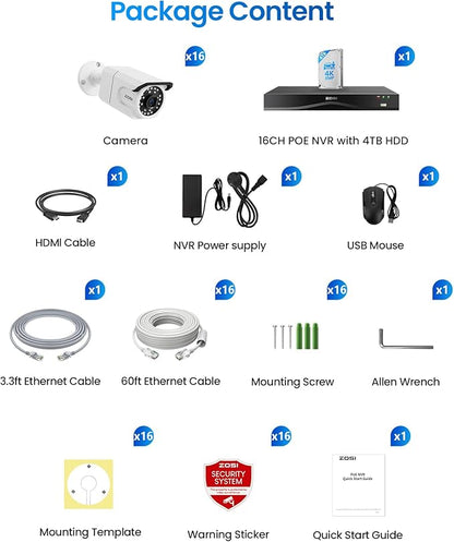 ZOSI 32CH 4K PoE Security Camera System,16 x 8MP Indoor Outdoor Cameras,One-Way Audio,People Counting,Person/Vehicle Detection,16 Port 32-Channel NVR with 4TB HDD for Commercial 24/7 Recording