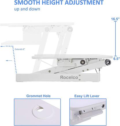 Rocelco 37.5" Deluxe Height Adjustable Standing Desk Converter with Anti Fatigue Mat BUNDLE - Quick Sit Stand Up Computer Workstation Riser - Large Retractable Keyboard Tray - White (R DADRW-MAFM)