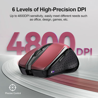 TECKNET Wireless Mouse (BT5.0/3.0 & 2.4G) Rechargeable 4800 DPI Silent USB A & Bluetooth Mouse 6 Buttons, Wide Compatibility - Red