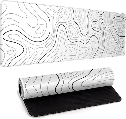White Big Mousepad for Gaming Large Topographic Map Washable Desk Pad with Stitched Edge Office Supplies and Decor 31.5''x11.8'' Computer Keyboard Protector