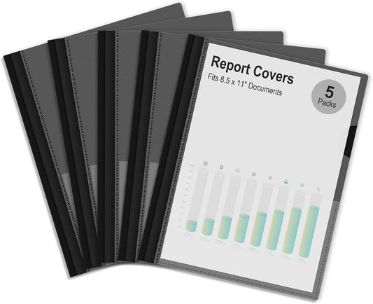 Ndsox 5 Packs Clear Front Report Covers with 3-Prong Fasteners, Plastic Project Presentation Folders Resume Document Covers with Black Back for 8.5" x 11" Letter Size Paper for School Office Business