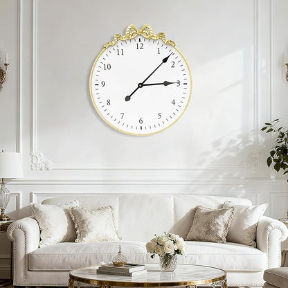 Large Vintage Gold Wall Clock, 27.5inch Decorative Round Wall Clocks with Bow Decor for Living Room, Retro Metal Battery Operated Clocks for Bedroom, Dining Room,Office