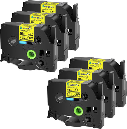6PK 18mm Yellow Label Tape Compatible for Brother P-Touch Label Maker Tape TZe-641 TZe TZ Label Tape TZ-641 TZe641 18mm 0.7'' Laminated Black on Yellow for PT-D400 D410 D600 D610BT D460BT
