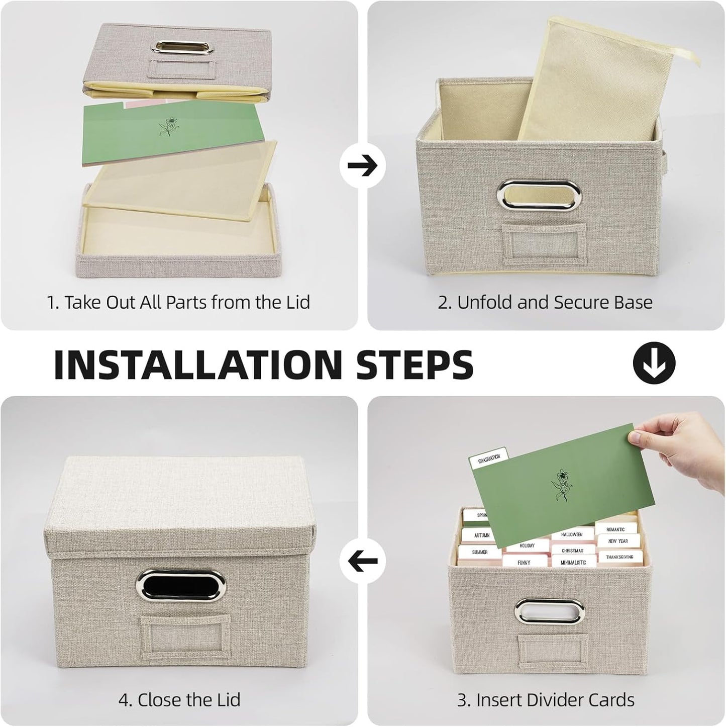 Greeting Card Storage Box, Linen Storage Box with 16 Adjustable Dividers, 84 Labels, 1 Marker Pen, Perfect for Organizing Greeting Cards, Envelopes, Photos 1 Pack Beige