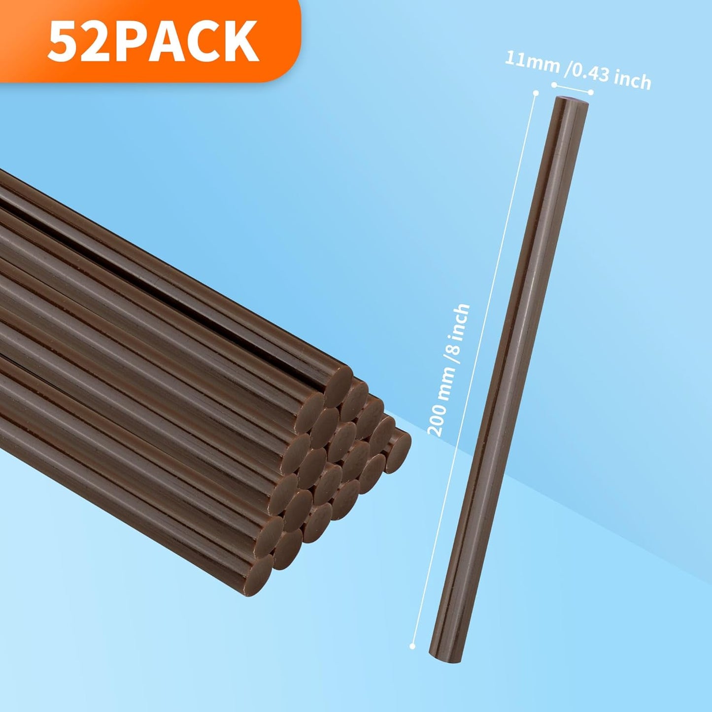 MATUFF Brown hot Glue Stick Full Size 0.43” Dia x 8” Long, 52 pcs Hot melt Adhesive Glue Sticks, Colored Glue Gun Sticks for Christmas Decoration DIY Crafts Arts School Home Gluing Project