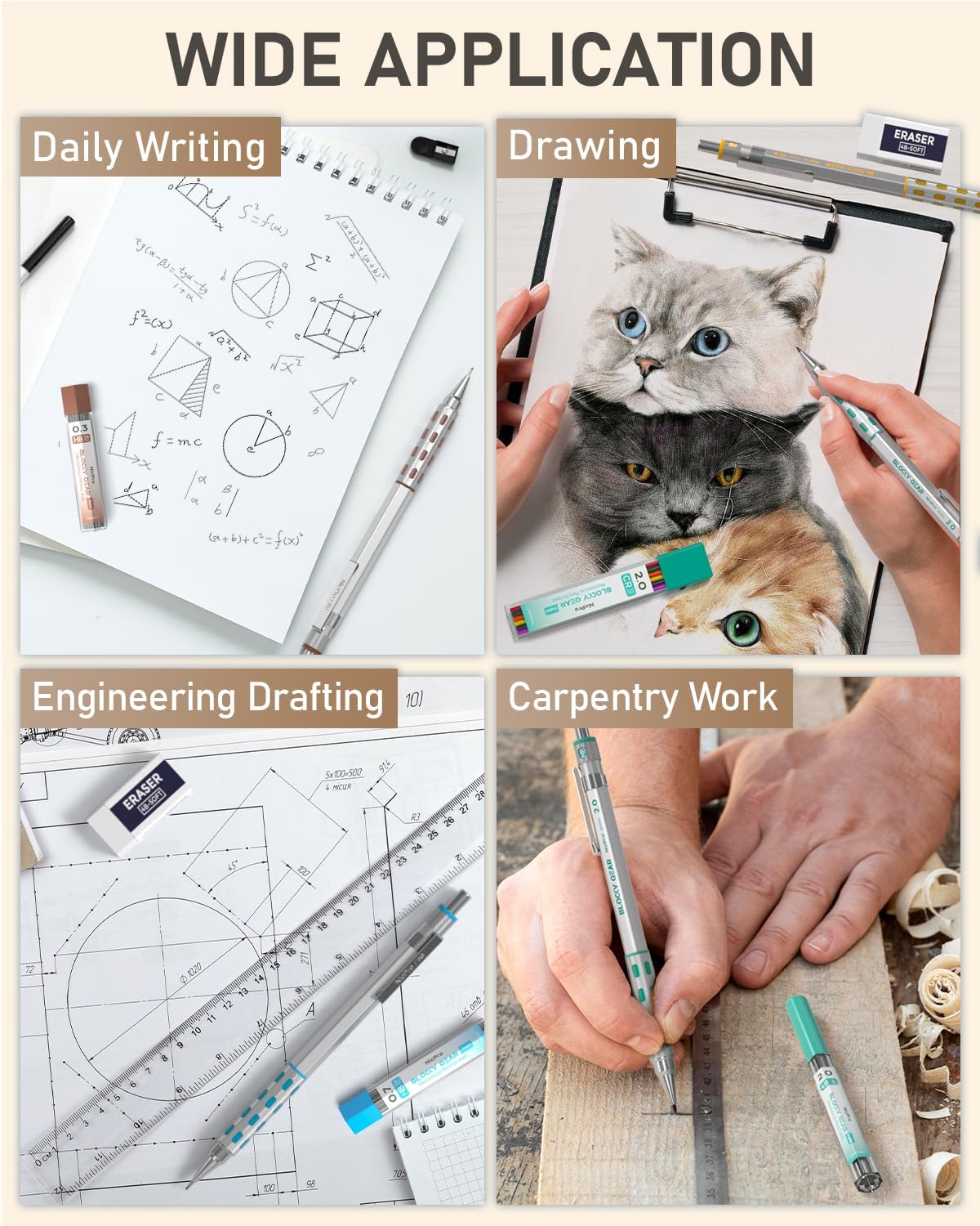 Nicpro 36PCS Blocky Gear Mechanical Pencil Set with Case, Metal Mechanical Pencils 0.3, 0.5, 0.7, 0.9, 2mm Lead Holder for Art Drawing Sketching with 21 Tubes (6B 4B 2B HB 2H 4H Colors) Lead Refills