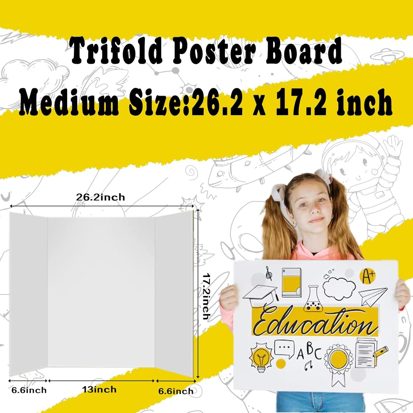 4 Pcs Medium Trifold Poster Board, 26.2" x 17.2" Presentation Board, with Double Sided Tapes and Cardboard, White Corrugated Project Boards/Science Fair/Trifold Display Board for School Project