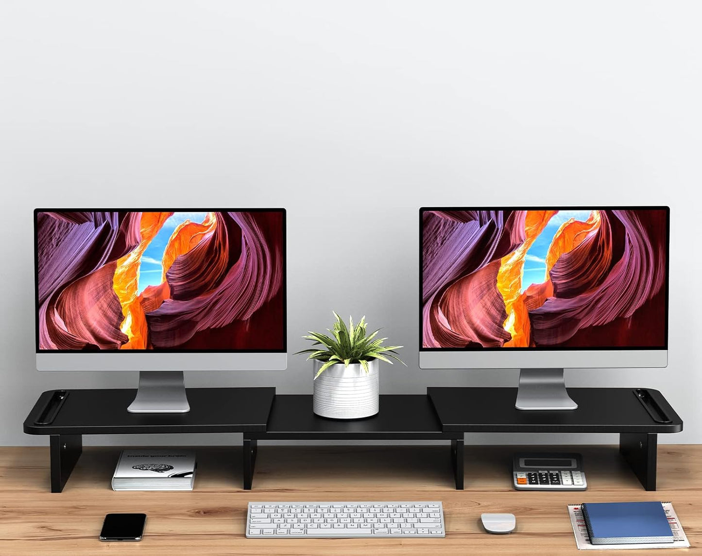 Zimilar Dual Monitor Stand Riser, Monitor Stand with Adjustable Length and Angle, Wood Monitor Stand for Desk, Monitor Riser for 2 Monitors with Storage Space