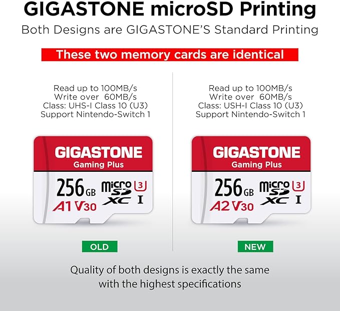 【for Switch 1 Only】 GIGASTONE 256GB Micro SD Card, Gaming Plus, MicroSDXC Memory Card for Nintendo-Switch 1, Steam Deck, 4K Video Recording, UHS-I A1 U3 V30 C10, up to 100MB/s, with Adapter