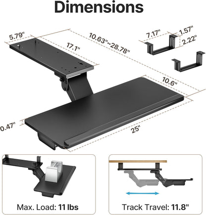 Keyboard Tray Under Desk with Storage Drawer, Height Adjustable Keyboard Tray Slide Out Swivel Tilt, Ergonomic Under Desk Mount Keyboard & Mouse Holder for Gaming Home Office, 25x11'', Black