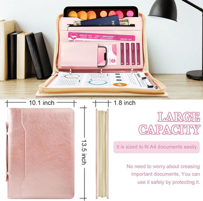 Faux Leather Portfolio Binder with Handle & Clipboard, Zippered Padfolio Folder Organizer 3 Ring Binder for Document, Business Card Holder, Professional Portfolio Notebook for Men & Women (Rose Gold)