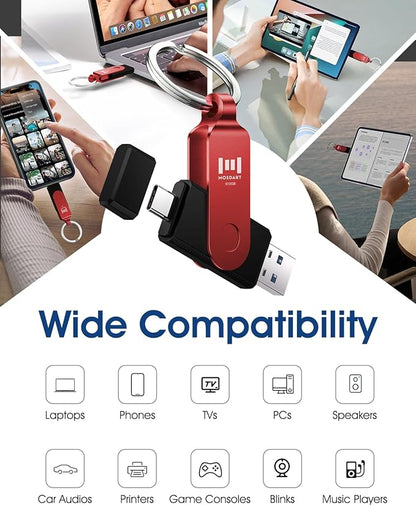 MOSDART 512GB USB3.1 Fast Speed C and A Dual Flash Drive, exFAT Memory Stick with Keychain and LED Indicator, for iPhone 15,16,17, Android Phone, iPad, MacBook, and Other Laptops, Red