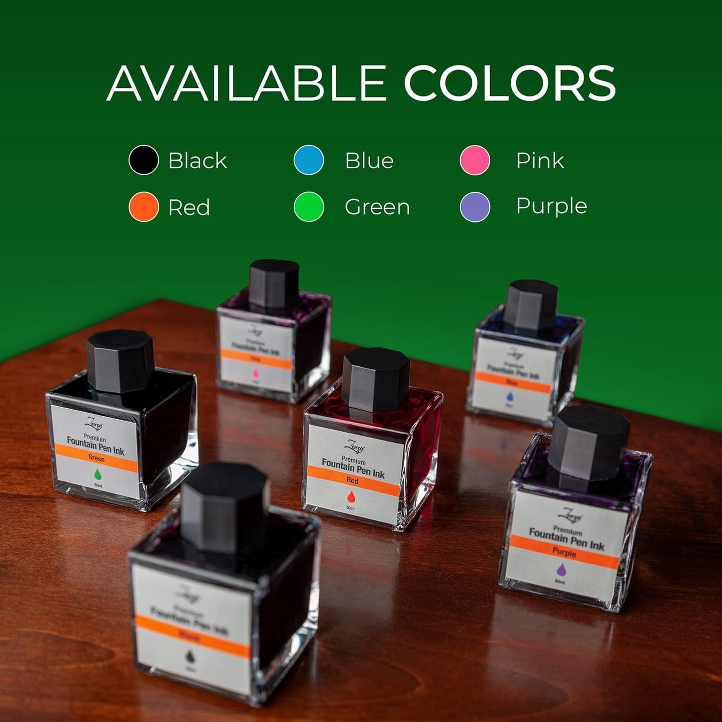 ZenZoi Fountain Pen Ink Bottle 50ml | Premium Designed Bottled Ink for Fountain Pens – Suitable for Calligraphy and All Branded Pens | Quick Drying and Smooth Flow Writing Experience (Green)