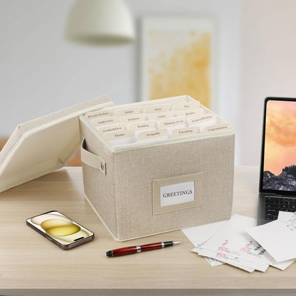 Greeting Card Organizer Box with 16 Dividers,Collapsible Greeting Card Storage Box with Handles Hold 150+ Cards,Greeting Card Holder for Greeting Cards,Sticker, Recipes, Photo, Envelope (Beige, 2 pcs)
