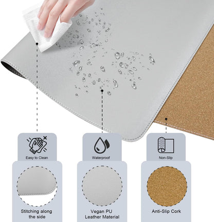 Non Slip Desk Mat, 31.5" x 15.7" PU Leather Desk Pad, Cork Desk Mat for Desktop, Desk Pad for Keyboard and Mouse, Ideal for Office and Home, Light Grey