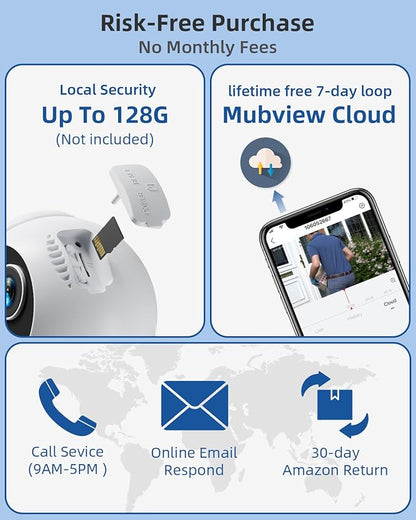 MUBVIEW Solar Security Cameras Wireless Outdoor, 2K 360° PTZ Battery Powered Outdoor Camera, 2.4Ghz WiFi Home Security Camera, Color Night Vision, Motion Detection, 2-Way Audio, Local/Cloud Storage