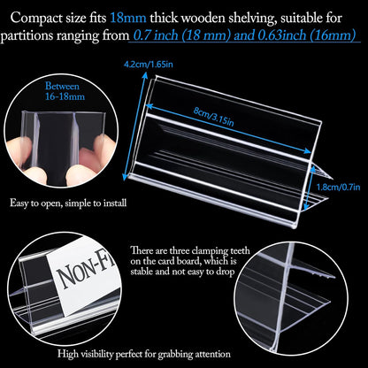 36pcs Wood Shelf Label Holder Plastic Price Tag Holder Supermarket Retail Sign PVC Clear Shelf Label Holder (Includes 50 Pieces Label Inserts) Perfect Fits 18 mm Wooden Shelving.