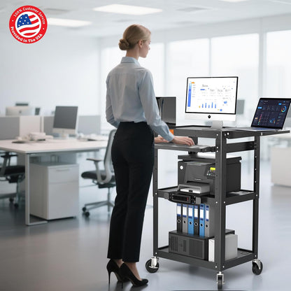 Large Steel AV Cart with Power Strip & Drop Leaves - Height Adjustable Metal Madia Cart with Wheels - Heavy Duty Rolling Computer Workstation for Laptop Projector Printer TV, Black (46" x 18")