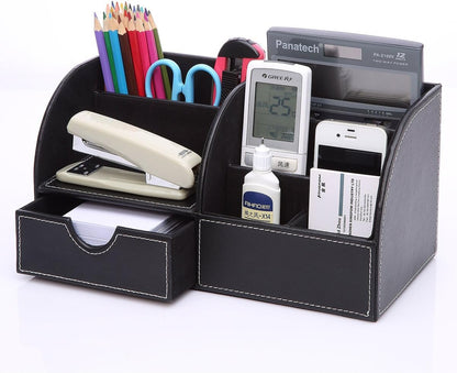KINGFOM Pu Leather Desk Organizers and Accessories, 8 PCS/SET Office Supplies Organization with Magazine Files Holder, Stackable Paper Tray, Desktop Organizers with Drawer for Home Office School Black