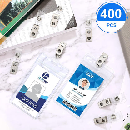 400 Pack Metal Badge Clips with Clear PVC Straps Double Hole ID Badge Clips for Name Tag ID Cards and Badge Holders, Office Supplies
