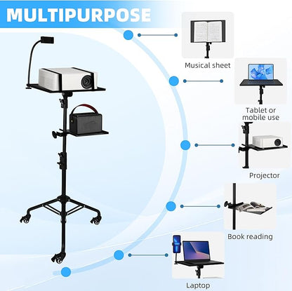 Projector Stand Tripod – 24 to 59 Inch Adjustable Height – Dual Shelves Laptop Tripod Stand with Moveable Wheels and Phone Holder, Portable Laptop Stand for Office, Stage & Outdoor Use