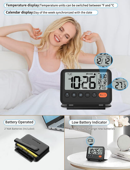 Digital Travel Alarm Clock, Black, 3.54 inch LCD Display, 9-Minute Snooze, 2 Volume Levels, Backlight, Battery Included
