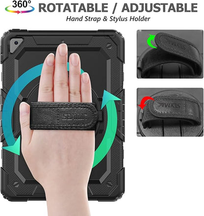 SEYMAC stock Case for iPad 9th/ 8th/ 7th Generation 10.2'', Shockproof with Screen Protector, Pencil Holder [360° Rotating Hand Strap] & Stand, for iPad 10.2 inch 2021-2019 (Black)