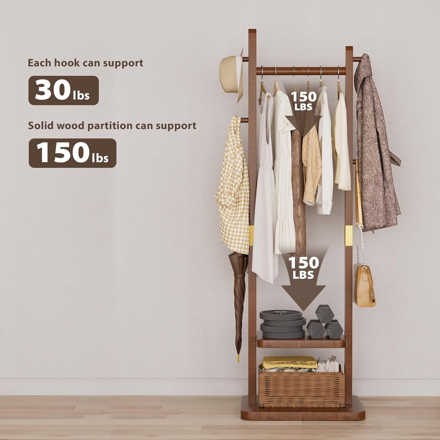 Solid Wood Coat Rack, Coat Rack Freestanding with 2 Shelves and 5 Hooks, Heavy Duty Coat Tree for Entryway，Living room，Coat Hanger Stand for Hats, Bags (Walnut Brown)