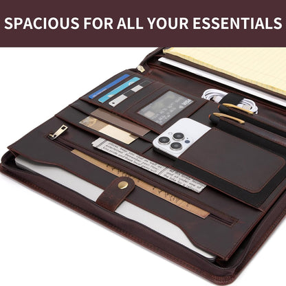 Personalized Genuine Leather Portfolio for Women and Men, Custom Engraved 8.5 x 11 Legal Padfolio, Zippered Notebook Laptop Organizer, Business Executive Folio for Work, Dark Brown, Oil Tanned