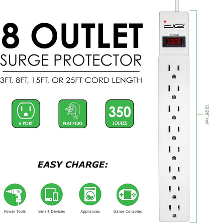 Digital Energy 15 FT 8 Outlet Surge Protector Power Strip - 15 AMP, 1875 W, 125 V, 350 J Surge Protection, ETL Listed - Flat Plug, White