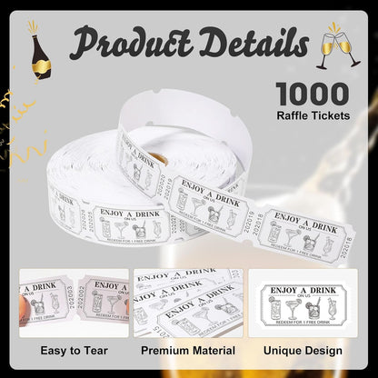 1000 Pcs Drink Ticket Single Raffle Tickets Roll Cocktail Design Free Drink Ticket for Events Wedding Work Formal Parties Leisure Class Reward