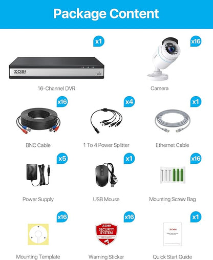ZOSI H.265+ 16CH Security Camera System with AI Human Vehicle Detection, 16CH DVR with 4TB HDD for 7/24 Record, 16 x 1080p CCTV Camera Outdoor Indoor with 80ft Night Vision, 90°Wide Angle