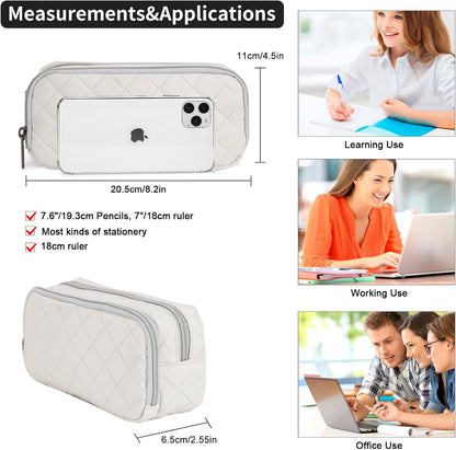 Della Gao Pencil Case Large Capacity Pencil Pouch Soft Quilted Pen Bag Office Stationery Organizer Sturdy Pencil Bag for Men Women - Beige