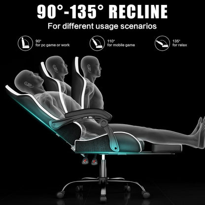 Gaming Chair, Ergonomic Office Computer Chair with Footrest and Lumbar Support Massager Racing Style High Back Video Gamer Chair, Wide＆Thick Cushion, 90°-135° Recline, Adjustable Height, White
