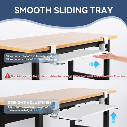 VUSIGN Keyboard Tray Under Desk Height Adjustable,Pull Out with Adjustable C Clamp Mount System for L-Shaped Tables, Extra Sturdy, 26.4” x 11.8” Slide-Out Platform Computer Drawer for Typing,White