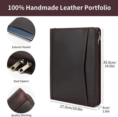 Personalized Genuine Leather Portfolio with Front Pocket for Men Women, Custom Engraved 8.5 x 11 Legal Pad Notepad Holder, Zippered Business Organizer, Professional Work Folder, Dark Brown